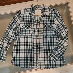 Sonoma Navy Blue, Light Green, White Plaid Button-Up Cotton Shirt, Like New